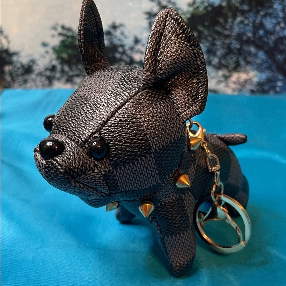 Adorable Black French Bulldog Bag Charm Keychain Bag Charm black/gray plaid NEW - Picture 1 of 3